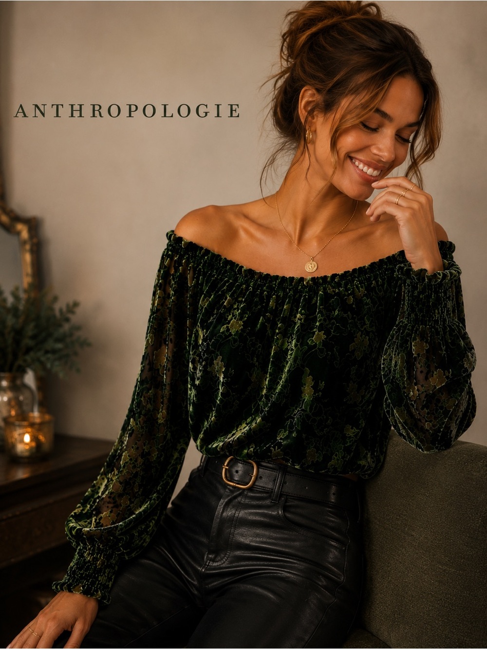 NWT By Anthropologie Burnout Velvet Off Shoulder Blouse XL Green Floral Romantic